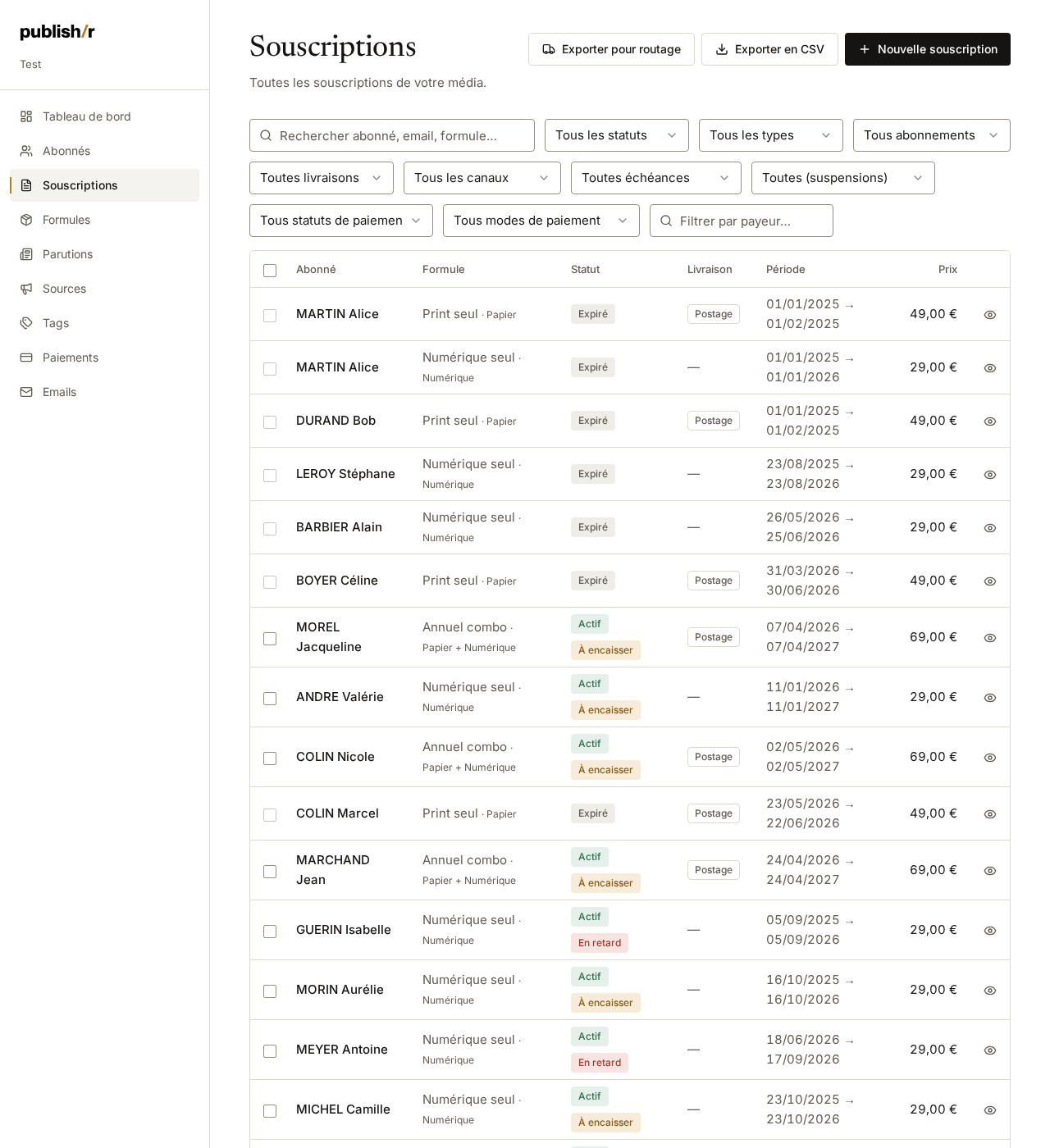 Écran Souscriptions de publishr